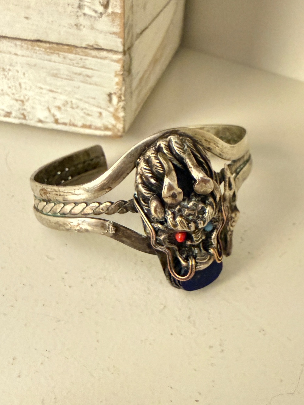 Vintage Tibetan Dragon Cuff Bracelet Lapis Turquoise Coral Silver Tone